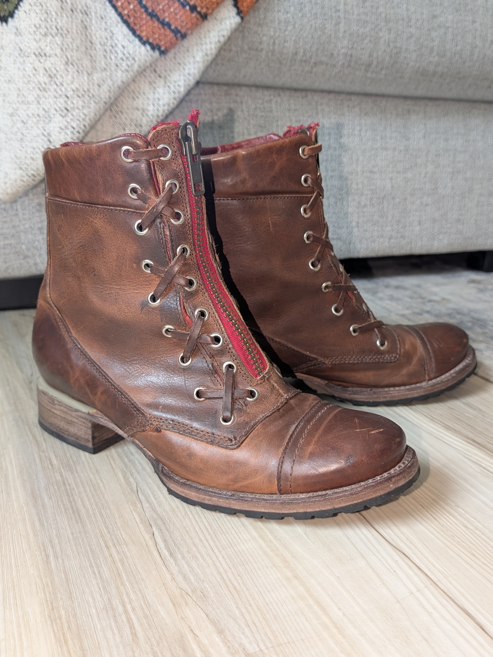 freebird Liverpool Brown Red Leather Combat Ankle Boots Red Zip Lace Women's 10